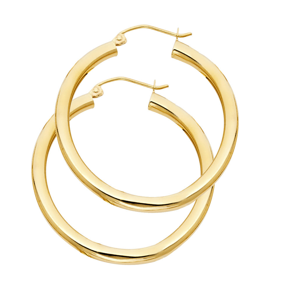 14K Yellow Gold 3mm Lightweight Polished Round Plain Hoop Earrings - 15mm-55mm