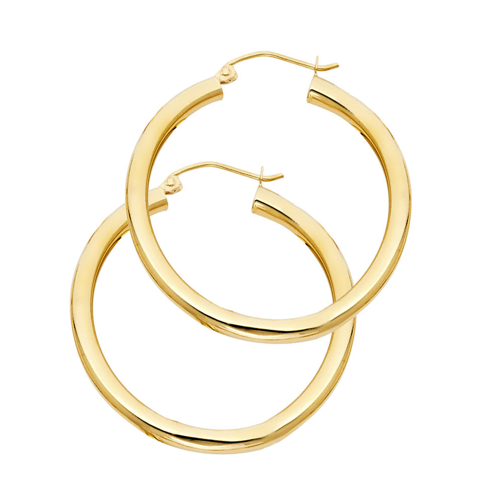 14K Yellow Gold 3mm Lightweight Polished Round Plain Hoop Earrings - 15mm-55mm