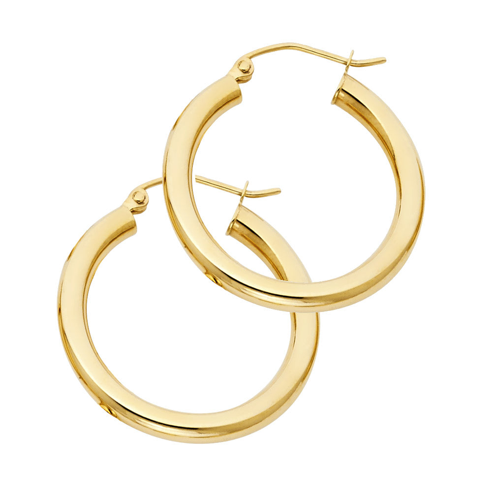 14K Yellow Gold 3mm Lightweight Polished Round Plain Hoop Earrings - 15mm-55mm