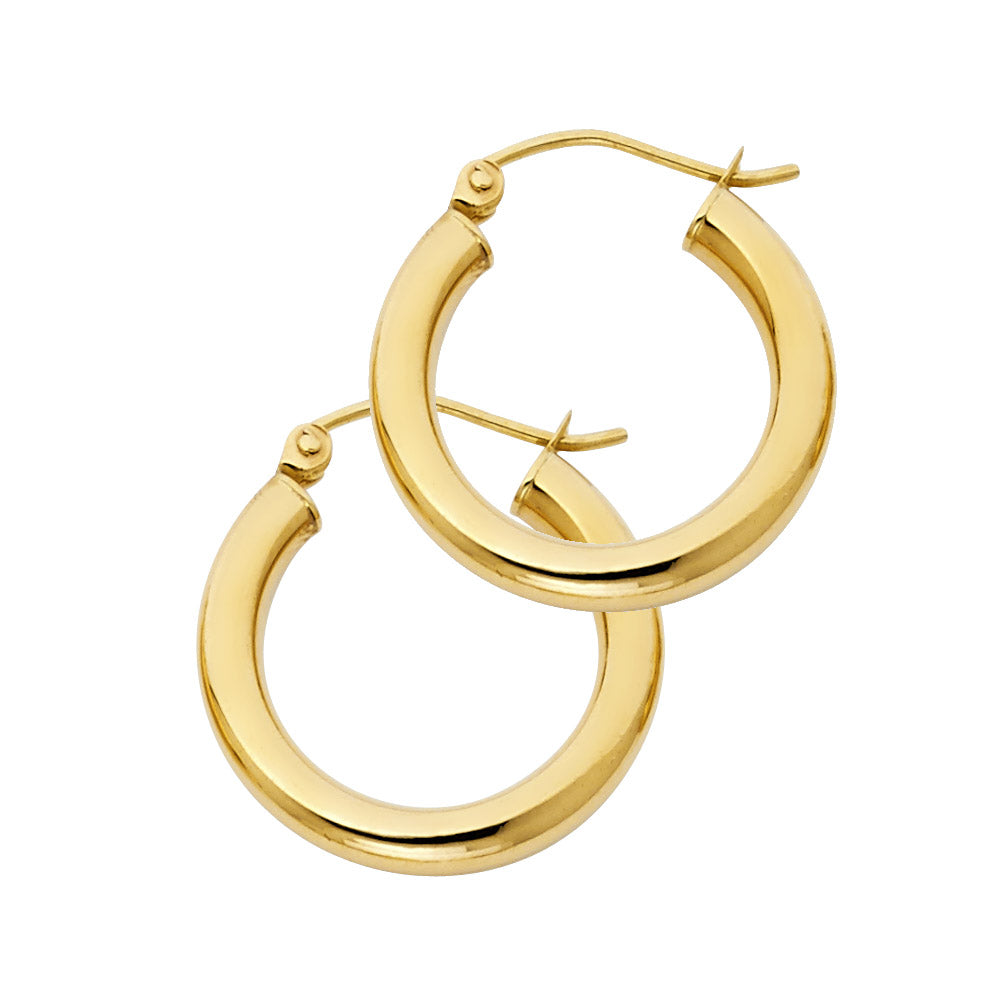 14K Yellow Gold 3mm Lightweight Polished Round Plain Hoop Earrings - 15mm-55mm