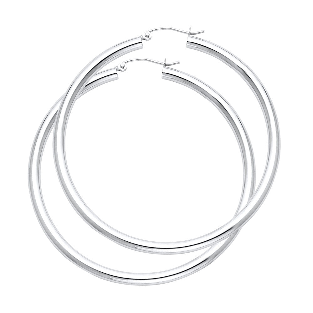 A Pair of White Gold hoop earrings on a white background available on the TX.ORO website.