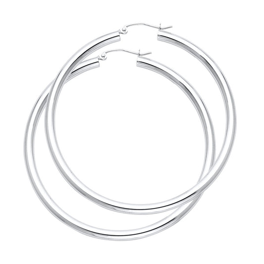 A Pair of White Gold hoop earrings on a white background available on the TX.ORO website.