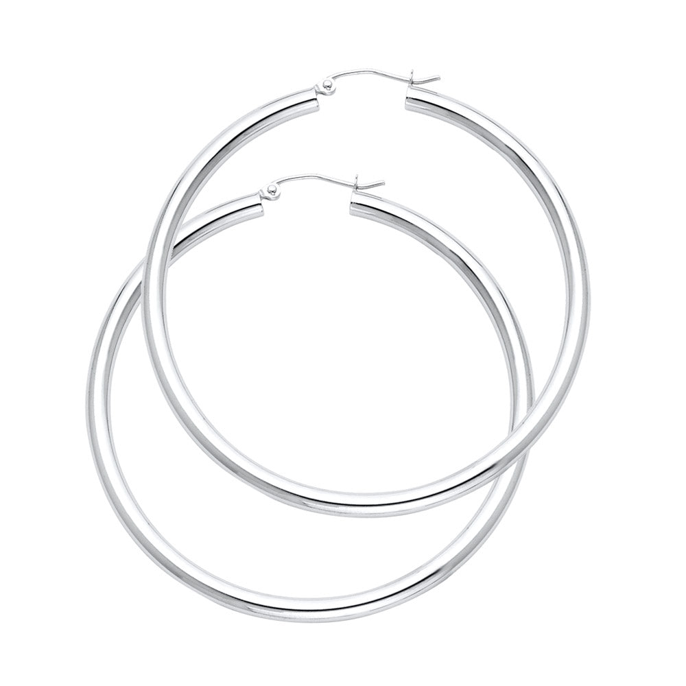 A Pair of White Gold hoop earrings on a white background available on the TX.ORO website.