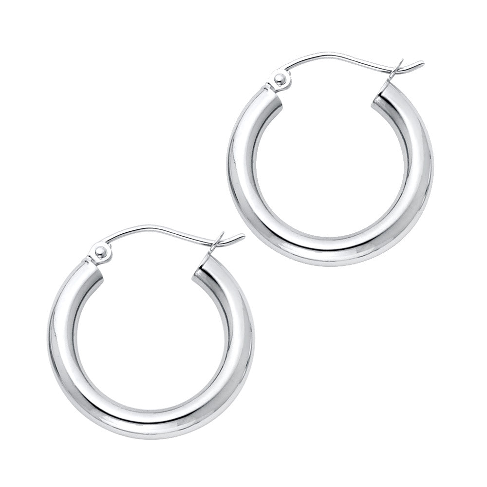 A Pair of White Gold hoop earrings on a white background available on the TX.ORO website.