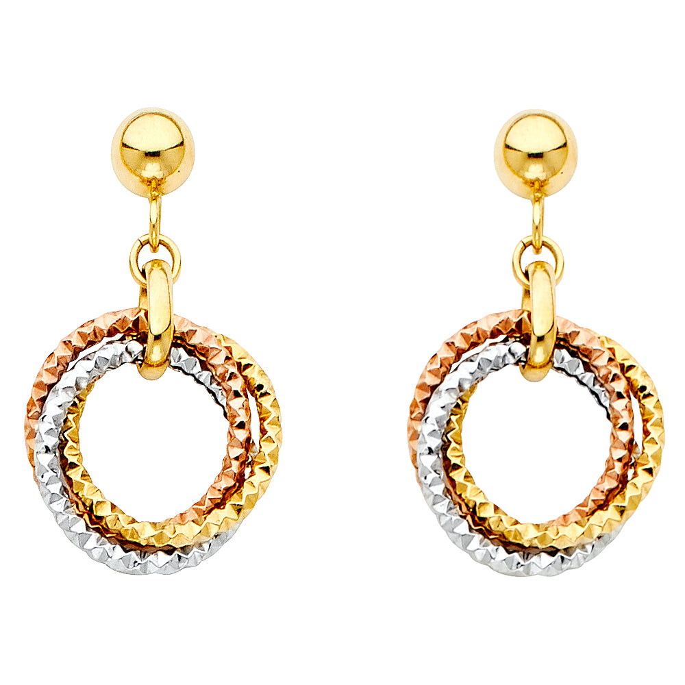 Gold, silver, and rose gold earrings on a white background available on the TX.ORO website.