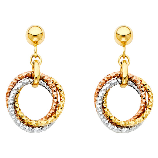 Gold, silver, and rose gold earrings on a white background available on the TX.ORO website.