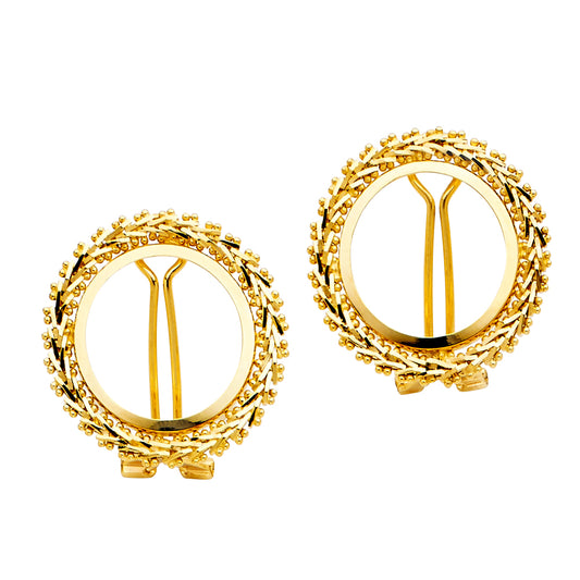 Pair of gold earrings with intricate designs on a white background available on the TX.ORO website.