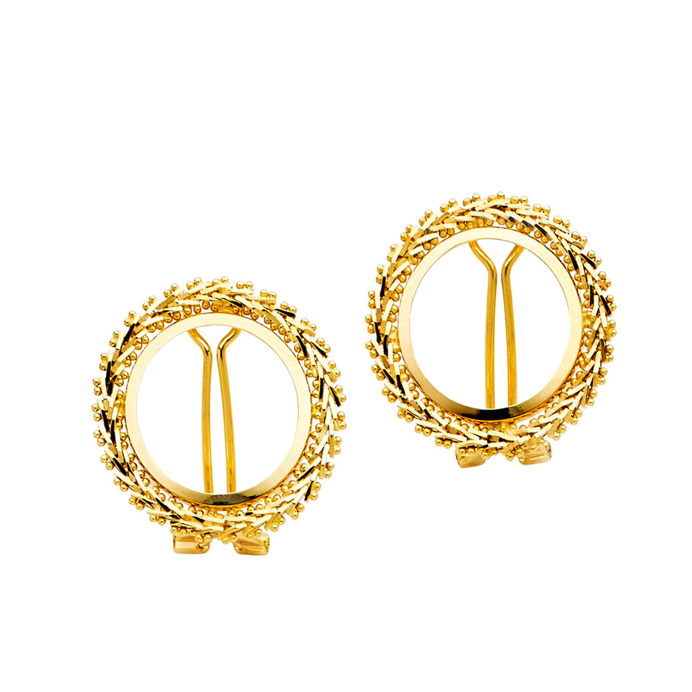 Pair of gold earrings with intricate designs on a white background available on the TX.ORO website.