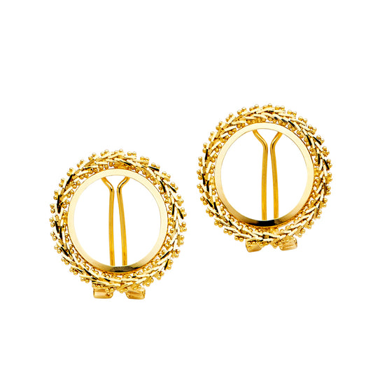 Pair of gold earrings with intricate designs on a white background available on the TX.ORO website.