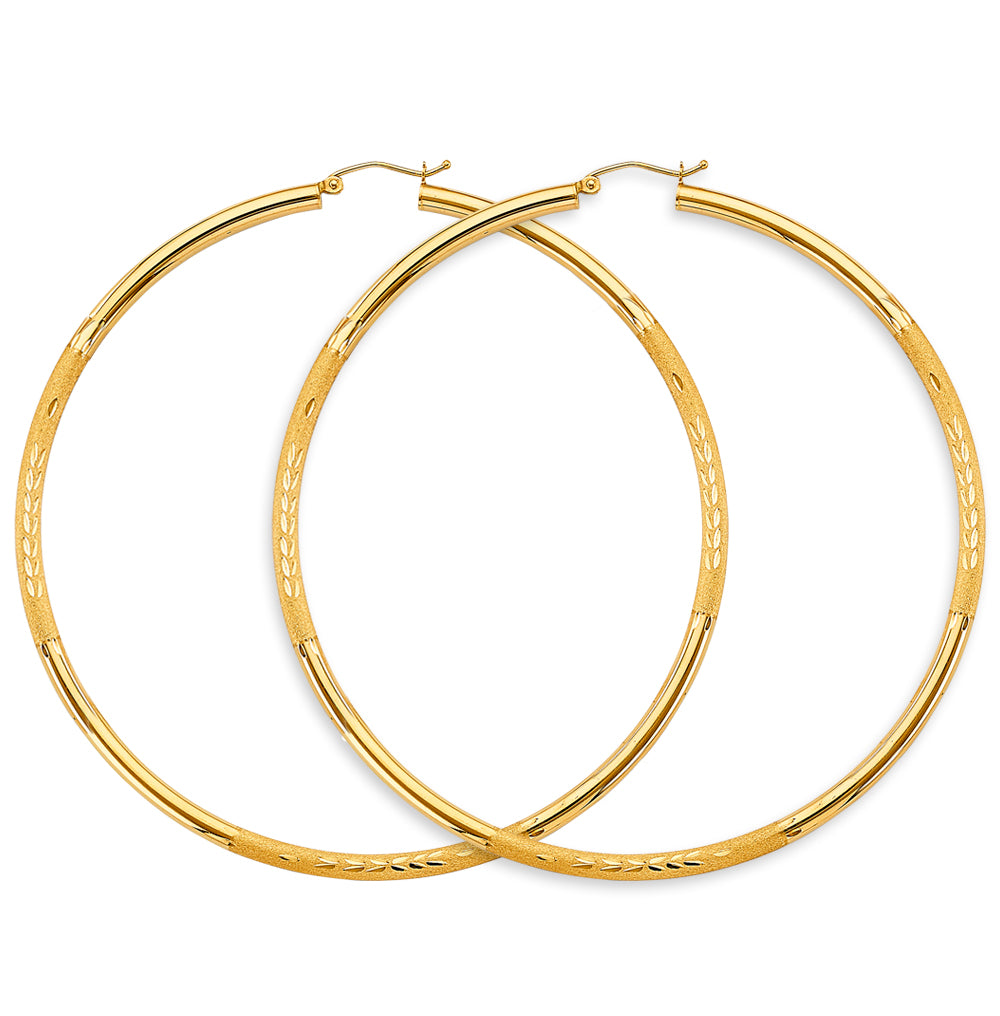 14K Yellow Gold 3mm Budded Diamond-Cut Round Tube Hoop Earrings