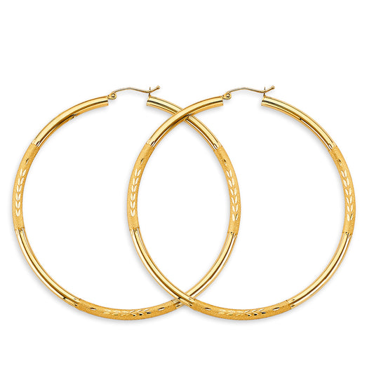 14K Yellow Gold 3mm Budded Diamond-Cut Round Tube Hoop Earrings