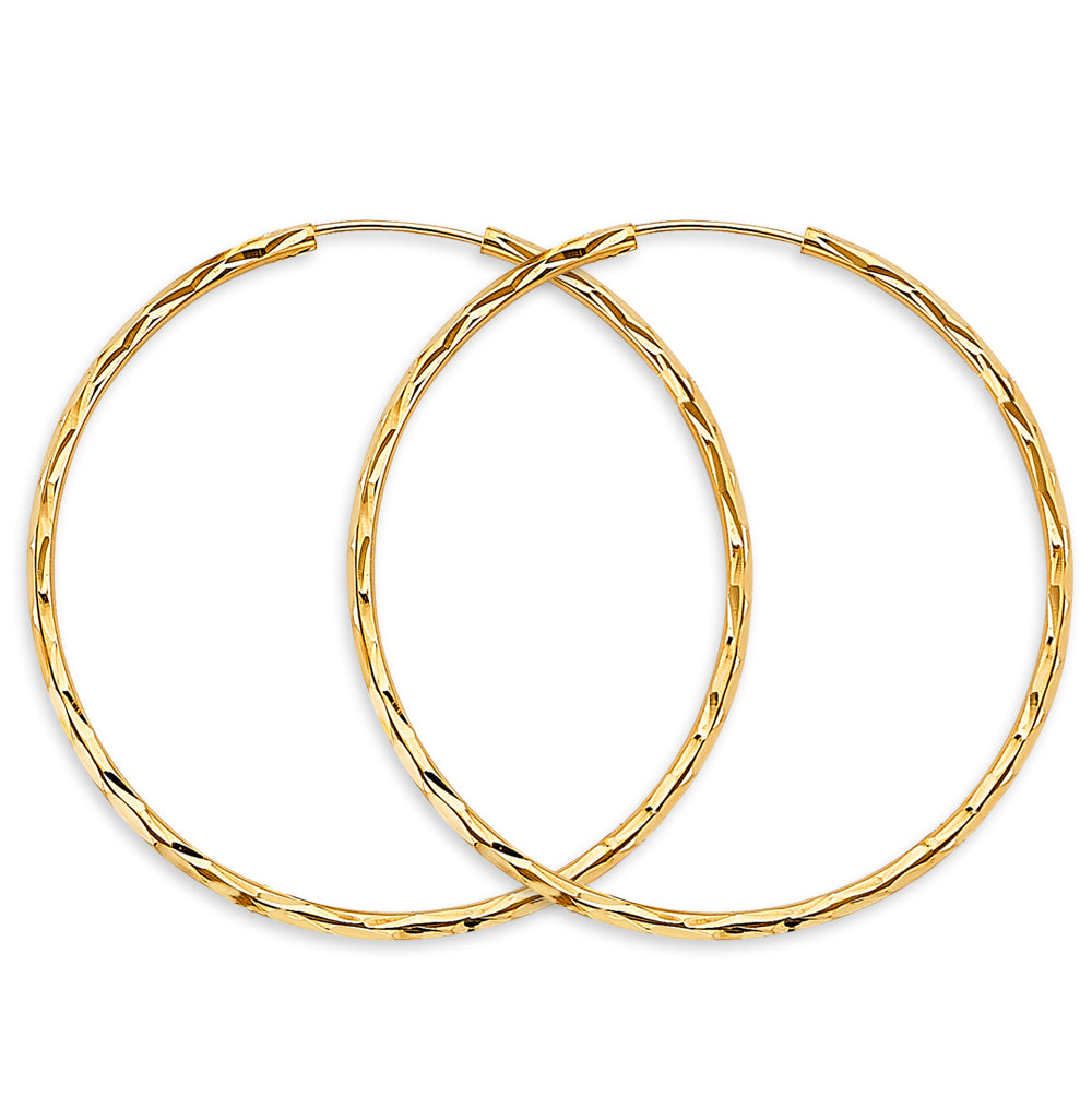 Two gold hoop earrings on a white background available on the TX.ORO website.