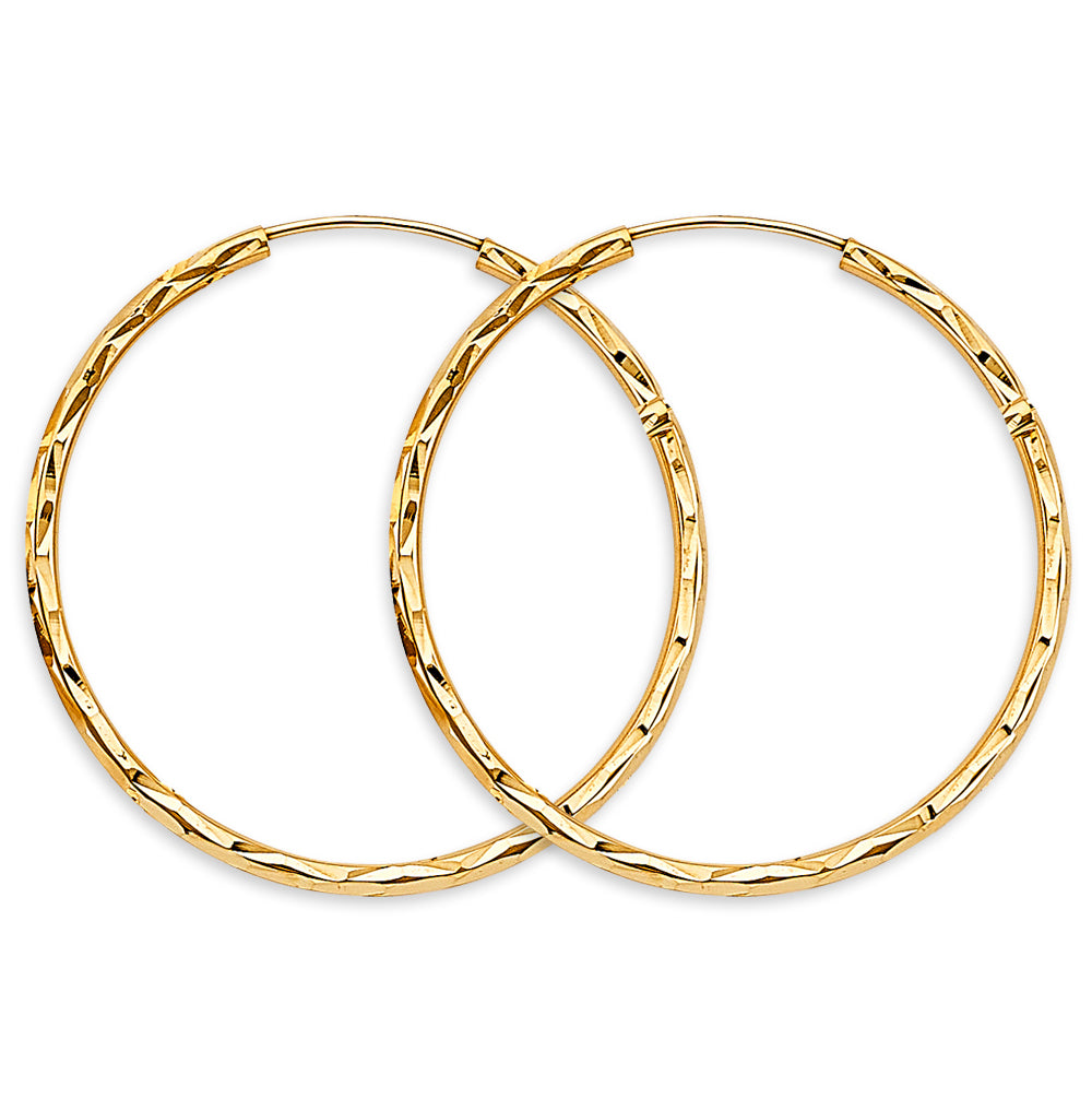 Pair of gold hoop earrings on a white background available on the TX.ORO website.