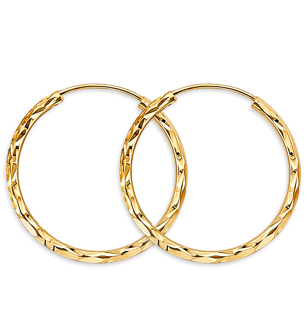 Pair of gold hoop earrings on a white background available on the TX.ORO website.