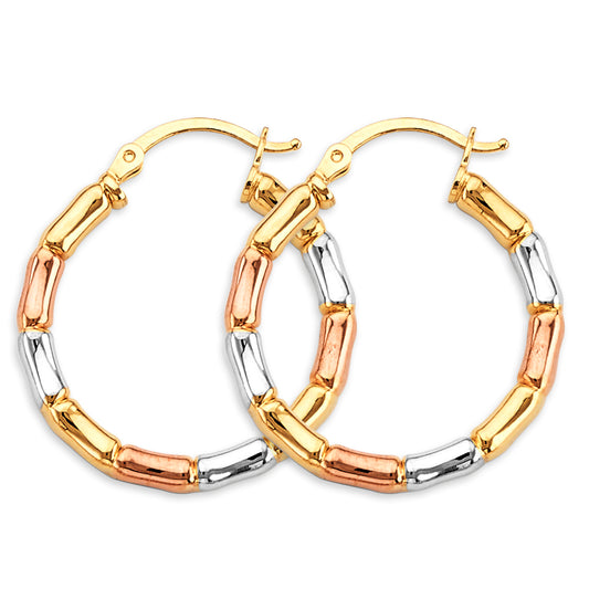 14K Tri-Color Gold Lightweight Designer Bamboo Style Hoop Earrings - 25mm