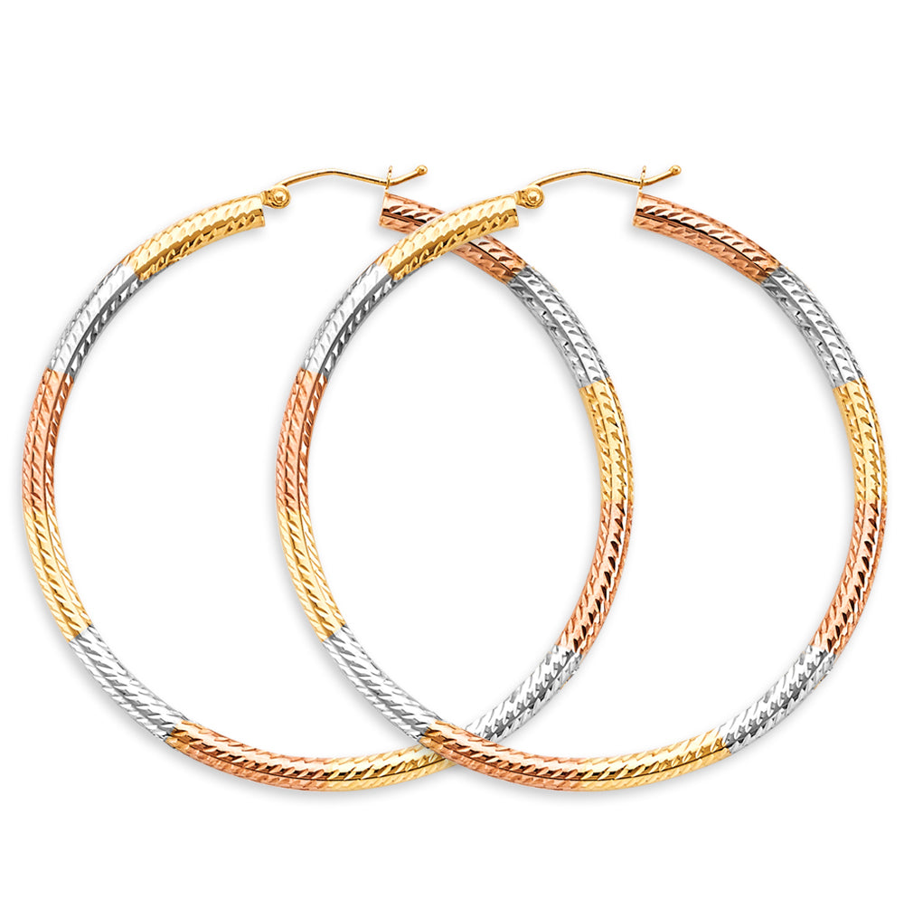 14K Tri-Color Gold Lightweight 3mm Classic Diamond-Cut Tube Hoop Earrings - 20mm-65mm