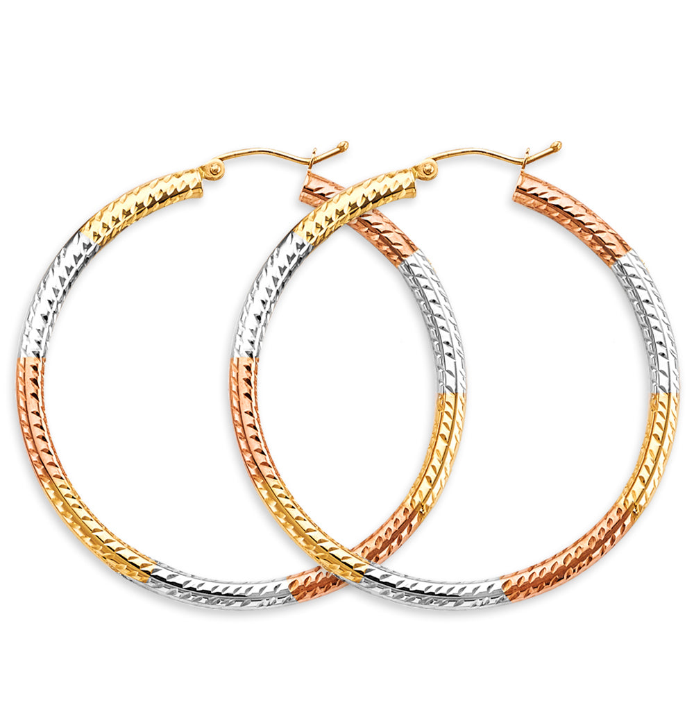 14K Tri-Color Gold Lightweight 3mm Classic Diamond-Cut Tube Hoop Earrings - 20mm-65mm