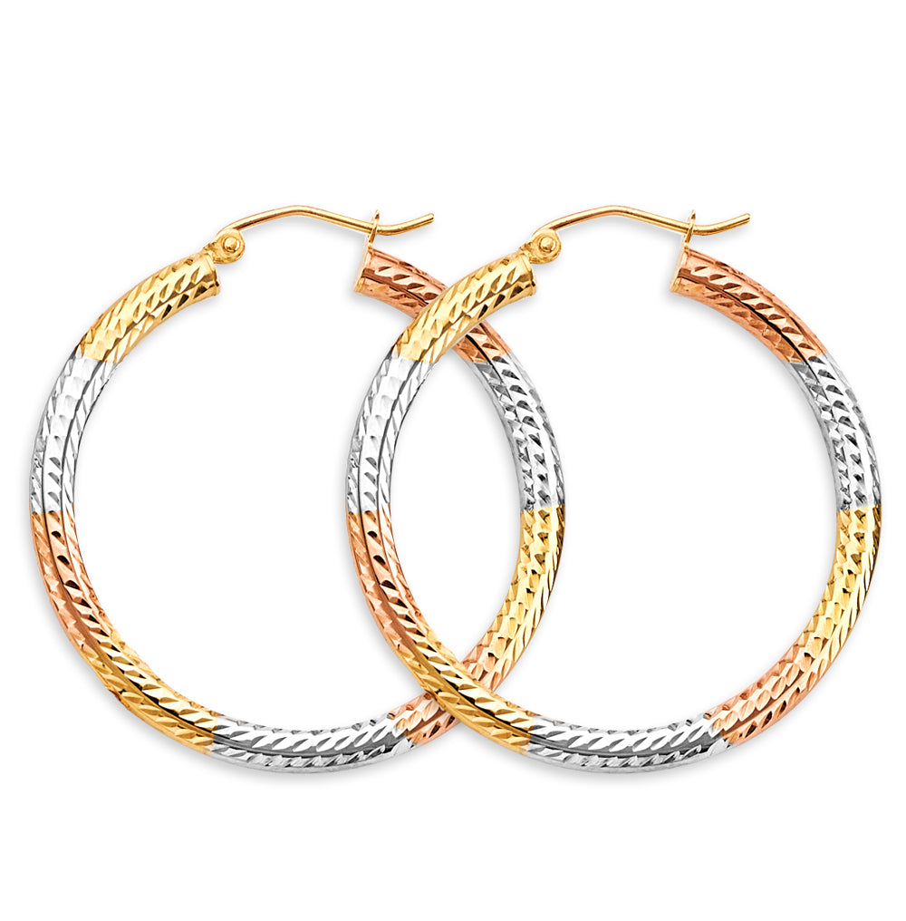14K Tri-Color Gold Lightweight 3mm Classic Diamond-Cut Tube Hoop Earrings - 20mm-65mm