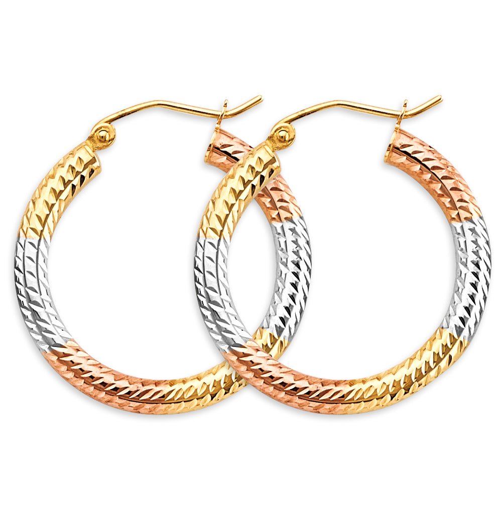 14K Tri-Color Gold Lightweight 3mm Classic Diamond-Cut Tube Hoop Earrings - 20mm-65mm