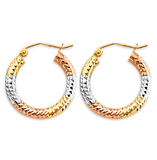 14K Tri-Color Gold Lightweight 3mm Classic Diamond-Cut Tube Hoop Earrings - 20mm-65mm