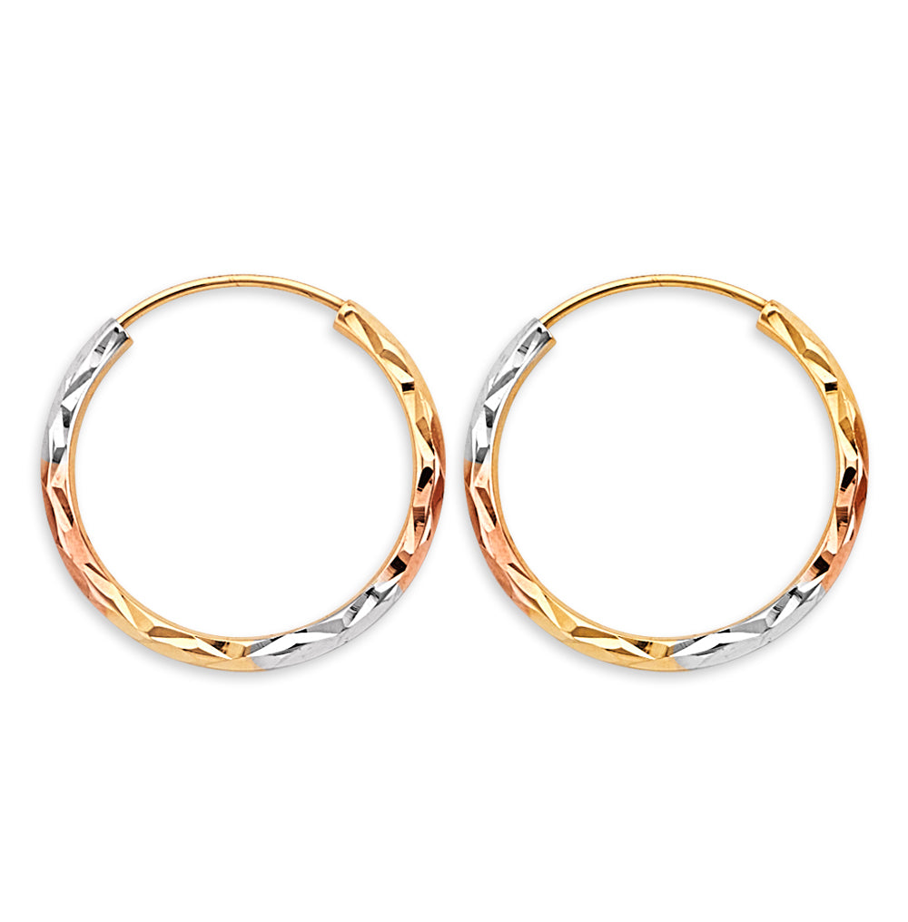 14K Tri-Color Gold 1.8mm Lightweight Tube Diamond-Cut Endless Hoop Earrings - 15mm-65mm