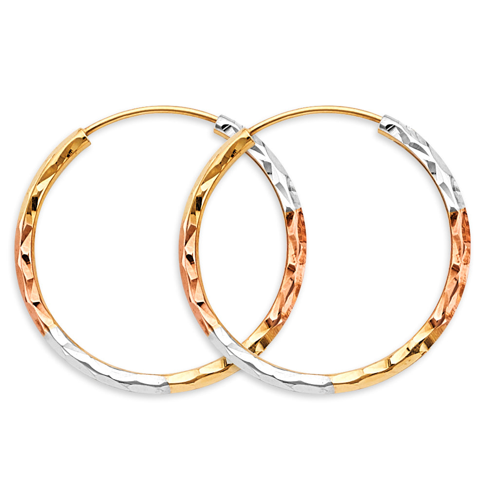 14K Tri-Color Gold 1.8mm Lightweight Tube Diamond-Cut Endless Hoop Earrings - 15mm-65mm
