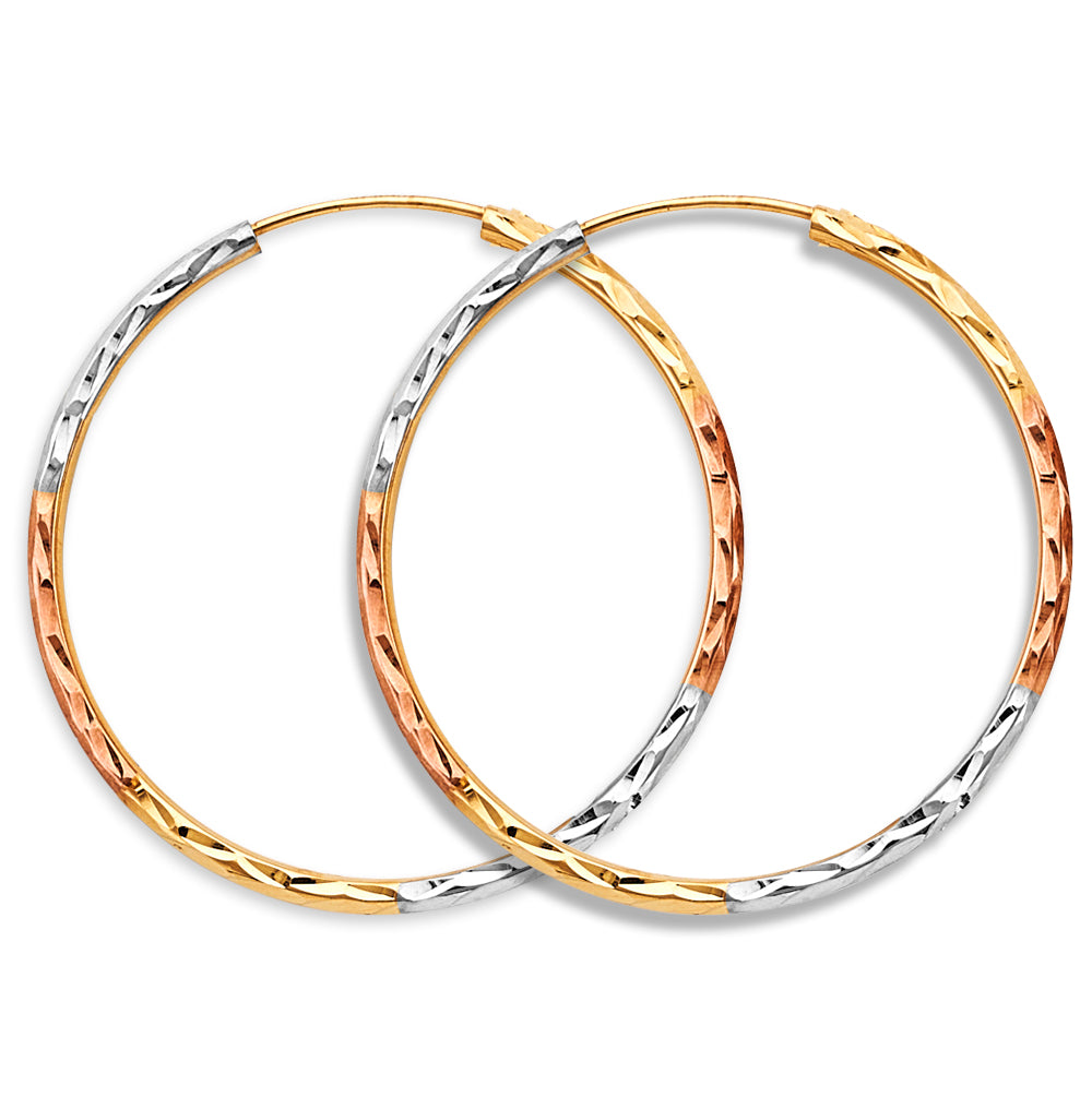 14K Tri-Color Gold 1.8mm Lightweight Tube Diamond-Cut Endless Hoop Earrings - 15mm-65mm