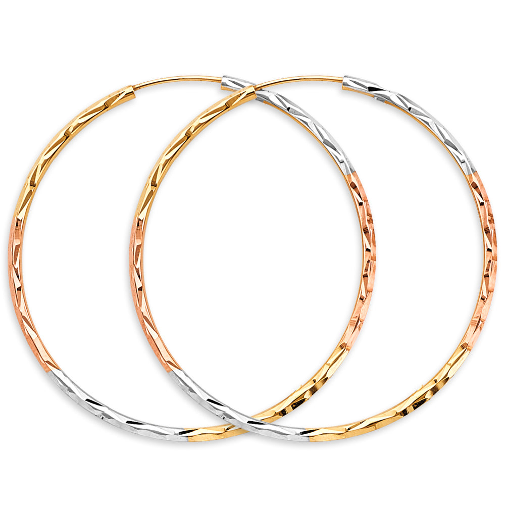 14K Tri-Color Gold 1.8mm Lightweight Tube Diamond-Cut Endless Hoop Earrings - 15mm-65mm