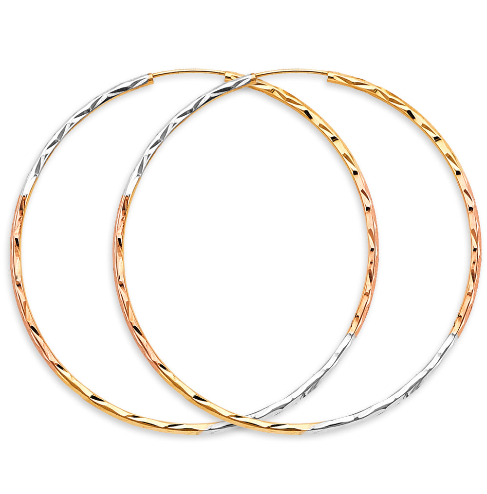 14K Tri-Color Gold 1.8mm Lightweight Tube Diamond-Cut Endless Hoop Earrings - 15mm-65mm