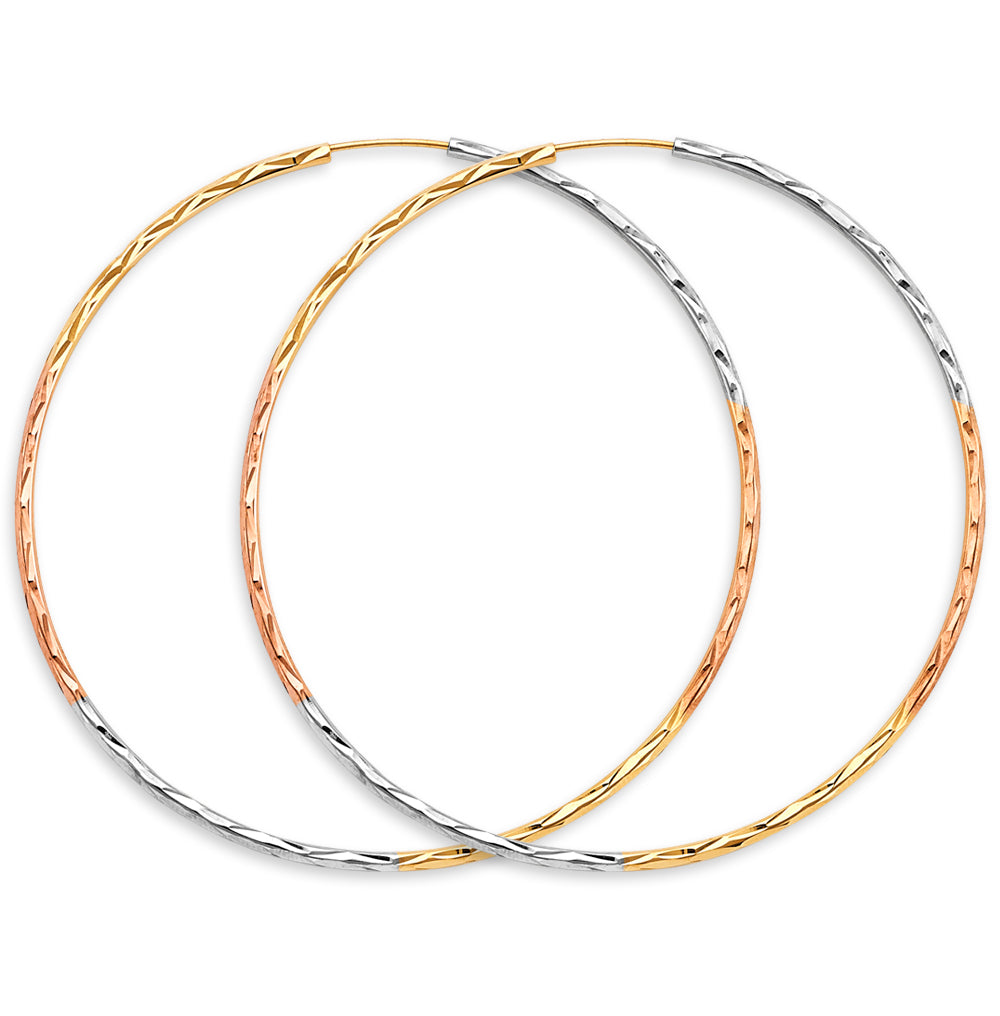 14K Tri-Color Gold 1.8mm Lightweight Tube Diamond-Cut Endless Hoop Earrings - 15mm-65mm