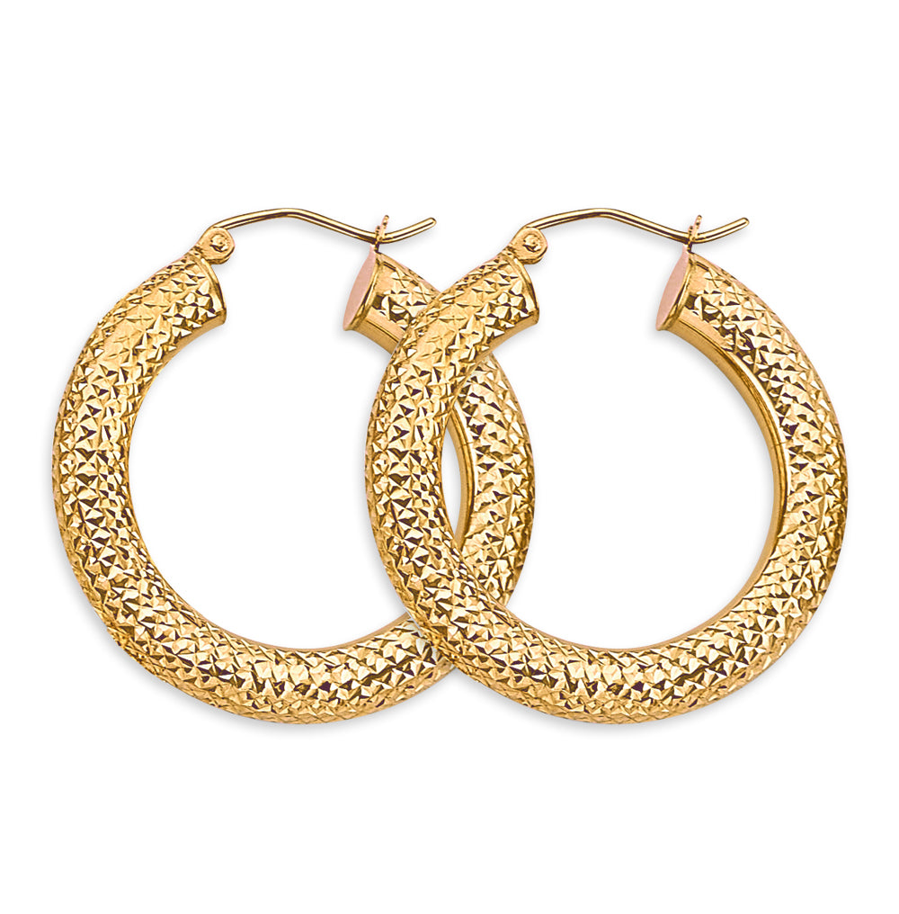 14K Yellow Gold 4.5mm Diamond-Cut Round Tube Hoop Earrings
