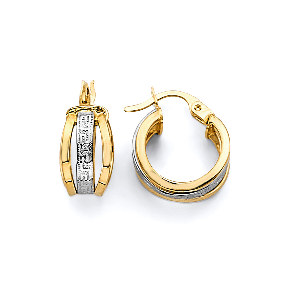 14K Two-Tone Greek Design Huggies Earrings