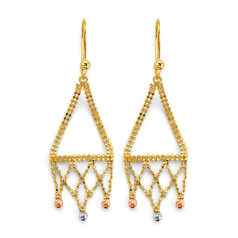 Gold earrings with chain and bead design on a white background available on the TX.ORO website.