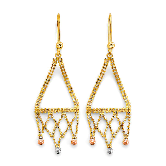Gold earrings with chain and bead design on a white background available on the TX.ORO website.