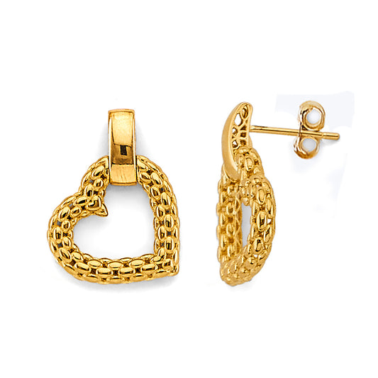 Small 14K Yellow Gold Hollow Mesh Heart Design Earrings - Lightweight Textured Design