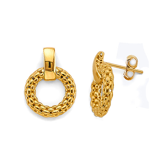 14K Yellow Gold Hollow Mesh Circle Earrings - Lightweight Textured Round Design