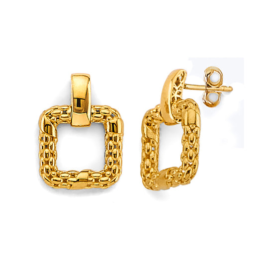 14K Yellow Gold Hollow Mesh Square Earrings - Lightweight Textured Geometric Design