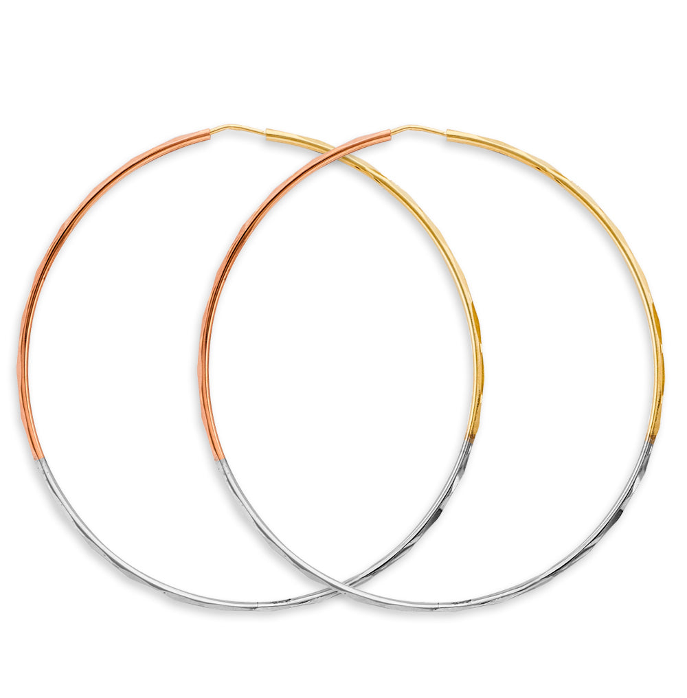 14K Tri-Color Gold 1.5mm Faceted Round Hoop Earrings