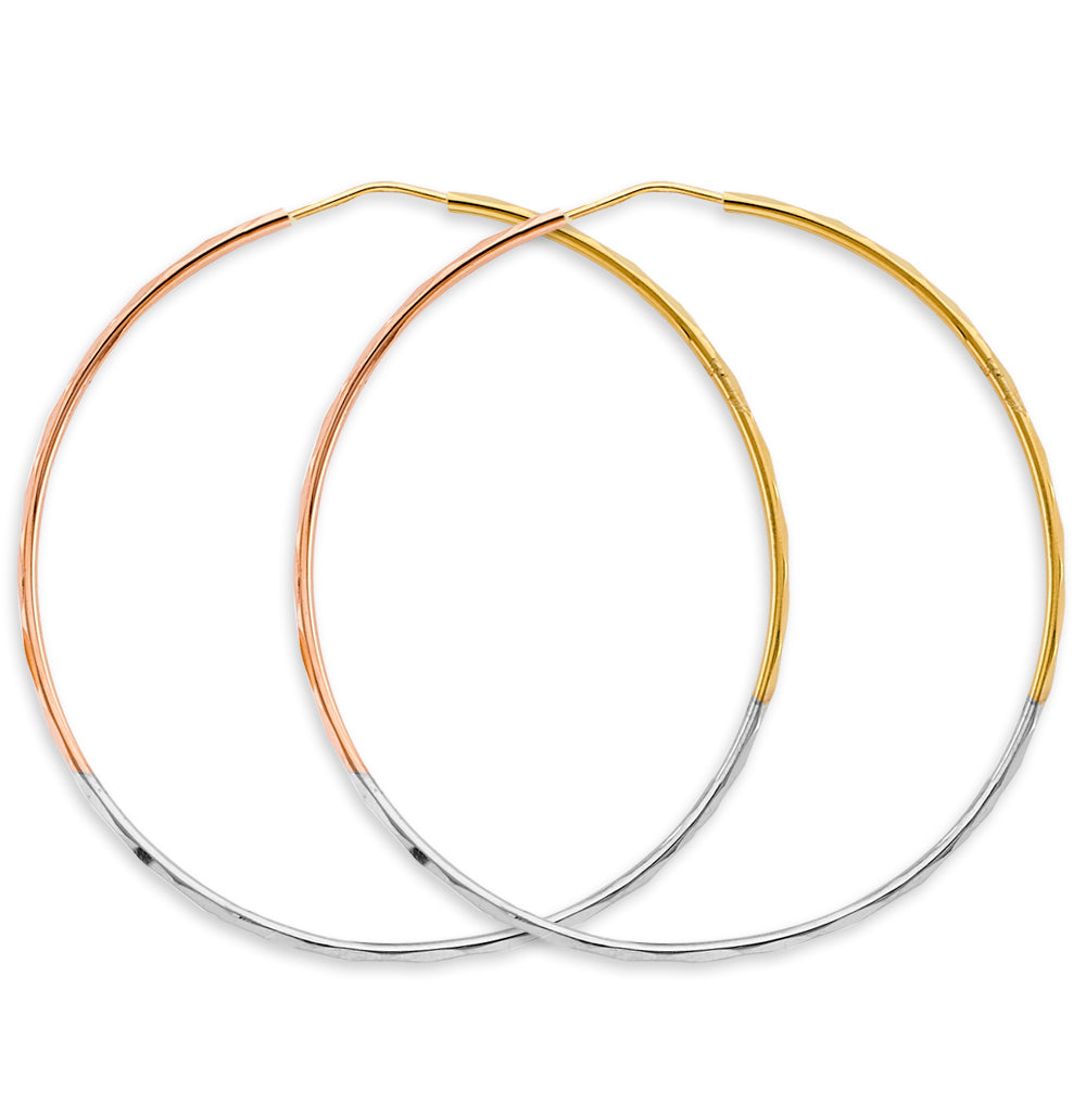 14K Tri-Color Gold 1.5mm Faceted Round Hoop Earrings
