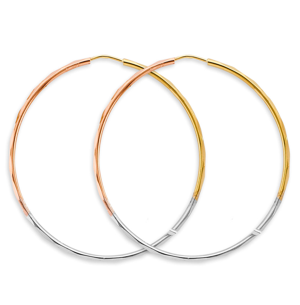 14K Tri-Color Gold 1.5mm Faceted Round Hoop Earrings