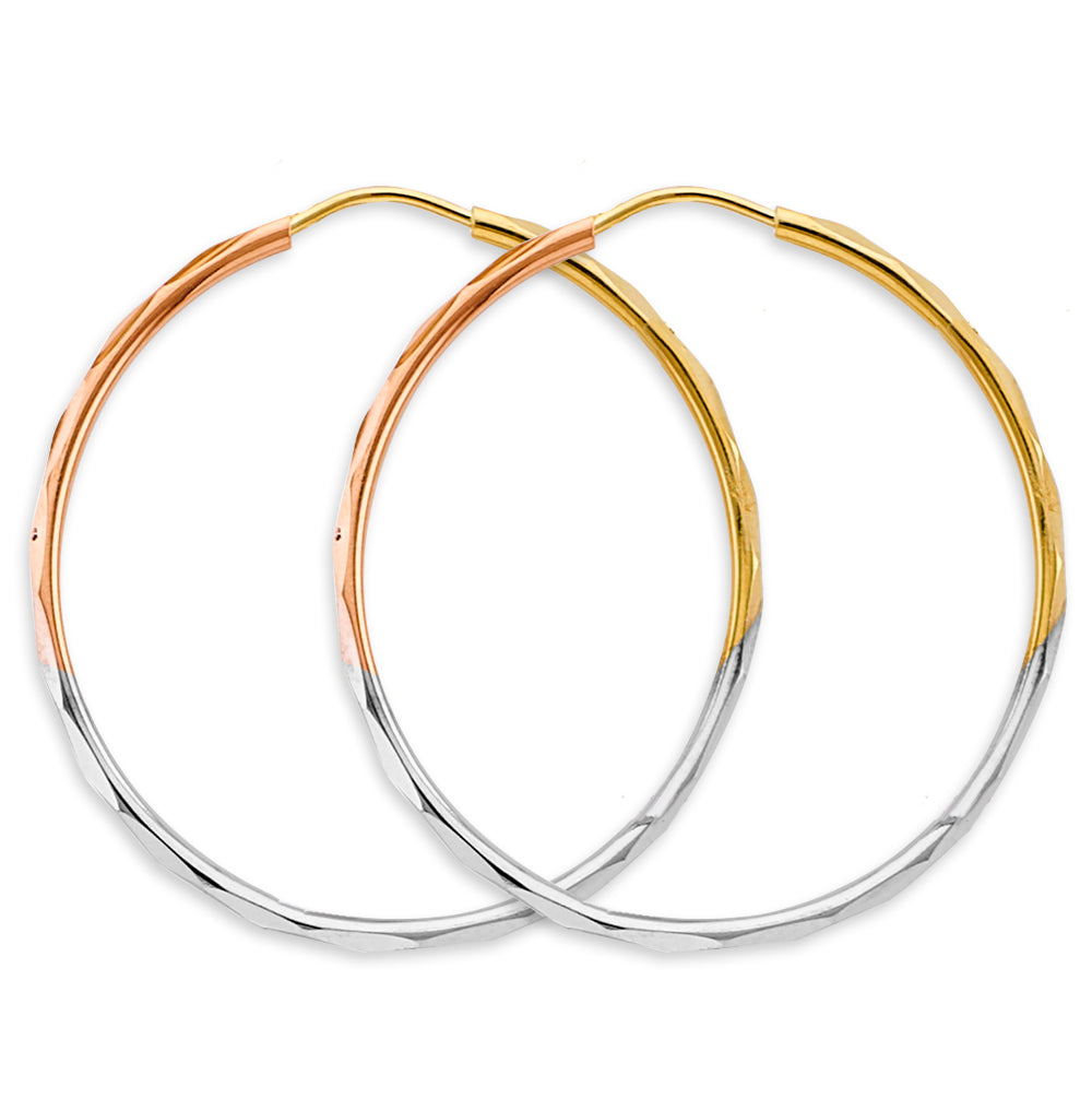 14K Tri-Color Gold 1.5mm Faceted Round Hoop Earrings