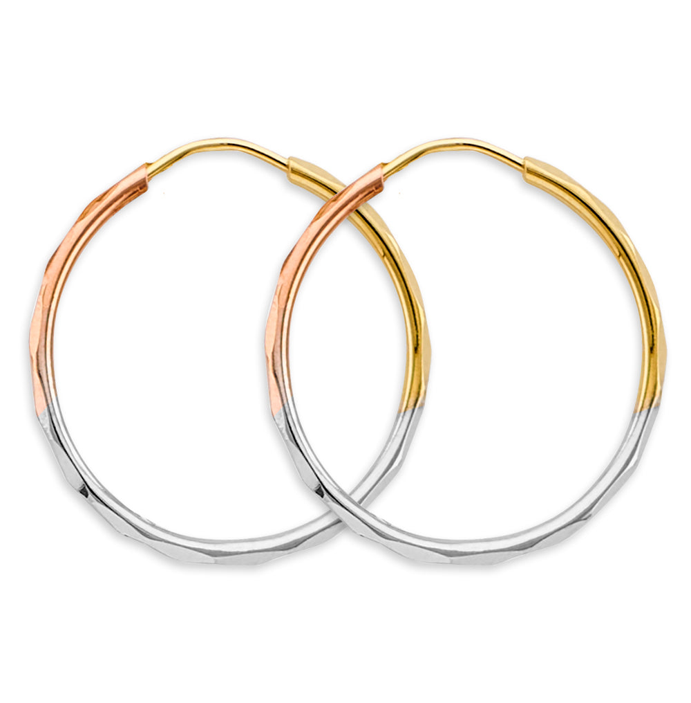 14K Tri-Color Gold 1.5mm Faceted Round Hoop Earrings
