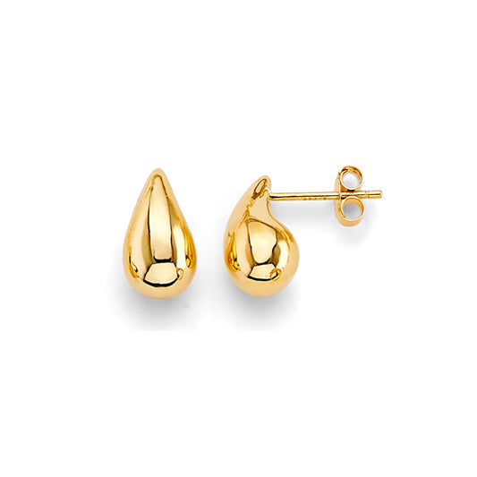 Gold teardrop earrings on a white background available on the TX.ORO website.