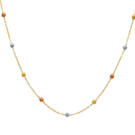 Gold necklace with small beads on a white background available on the TX.ORO website.