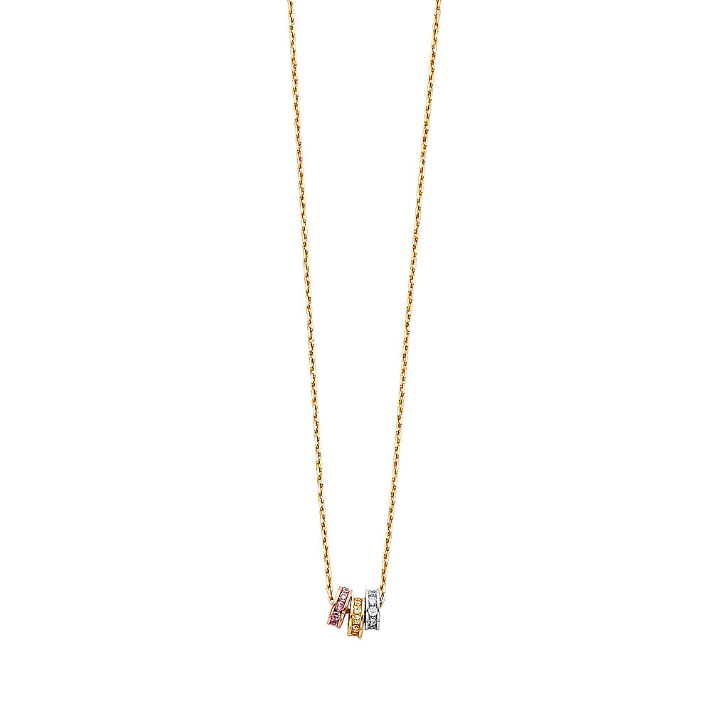 Gold necklace with small pendants on a white background available on the TX.ORO website.