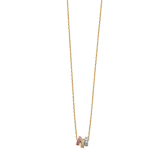 Gold necklace with small pendants on a white background available on the TX.ORO website.