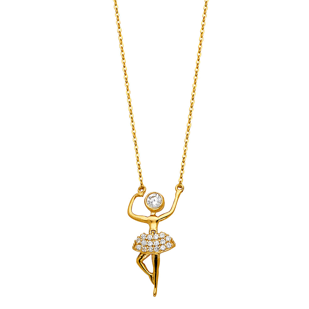 Gold necklace with a ballerina pendant on a white background available on the TX.ORO website.