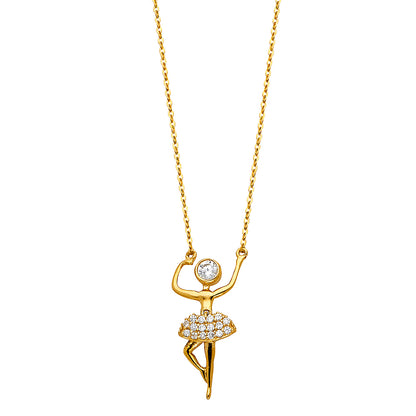 Gold necklace with a ballerina pendant on a white background available on the TX.ORO website.