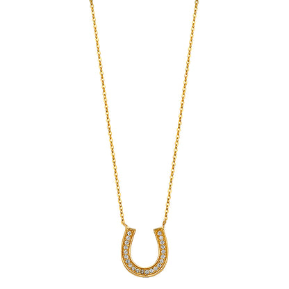 Gold necklace with a horseshoe-shaped pendant on a white background