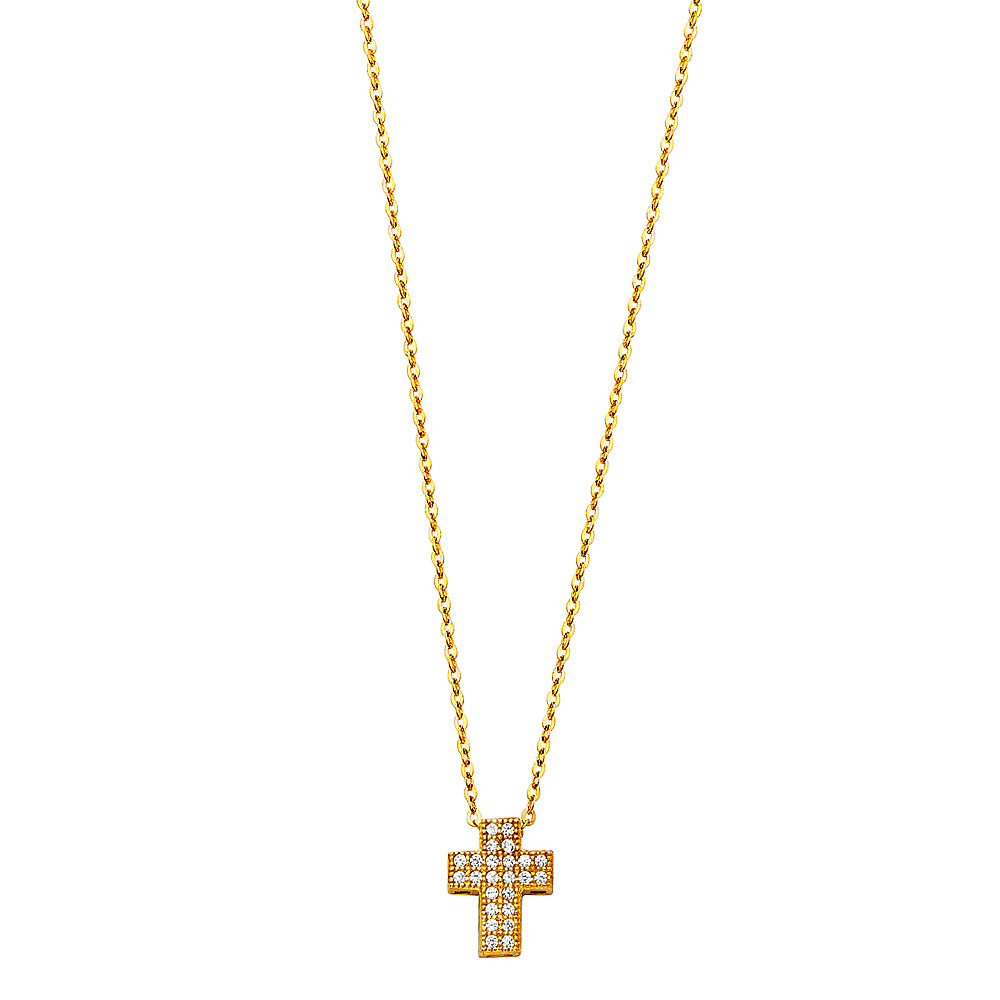 Gold cross necklace on a white background available on the TX.ORO website.